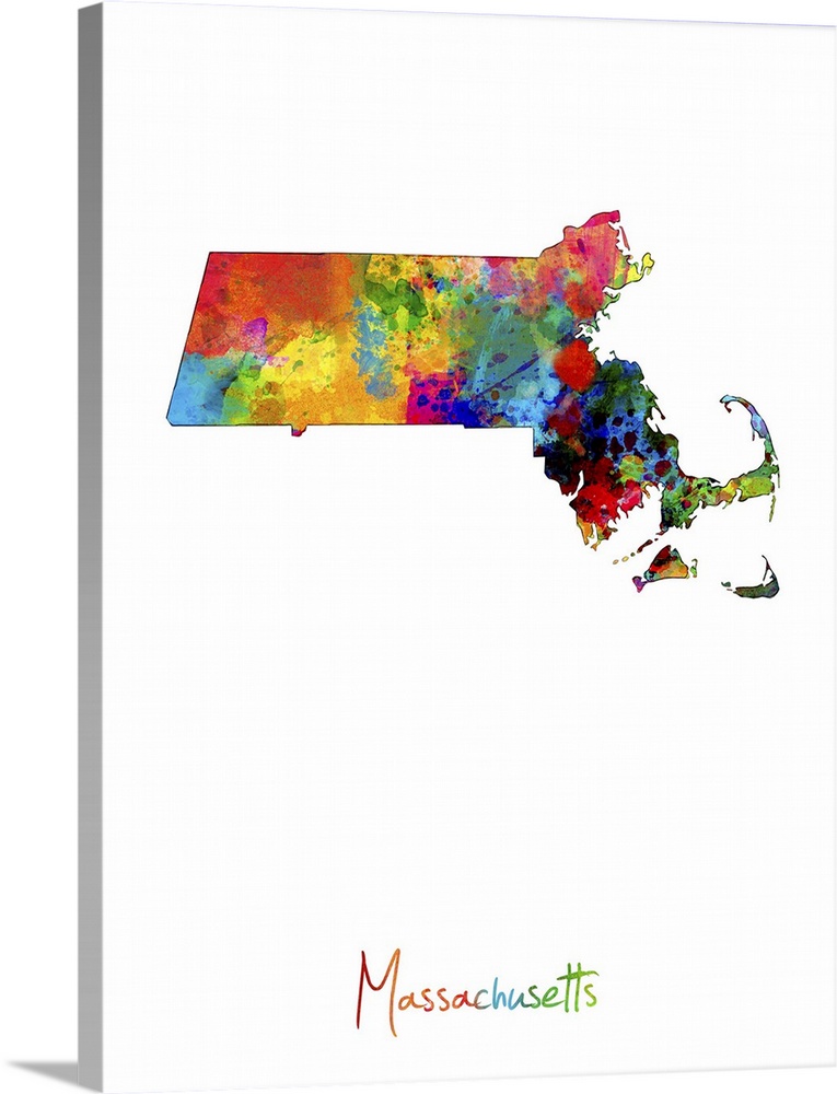 Contemporary artwork of a map of Massachusetts made of colorful paint splashes.