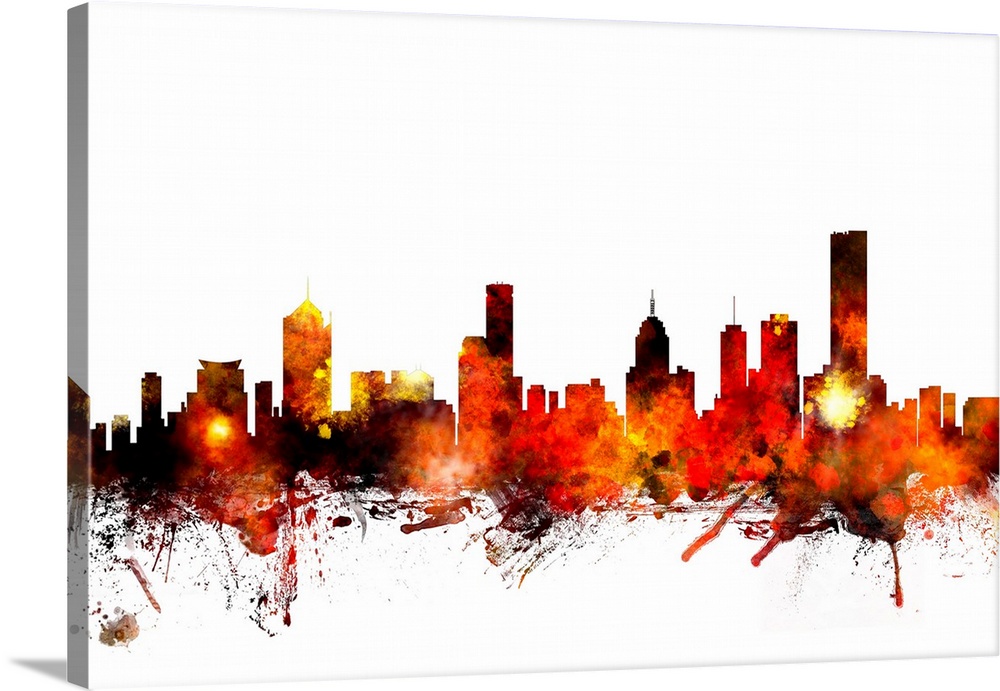 Contemporary piece of artwork of the Melbourne skyline made of colorful paint splashes.
