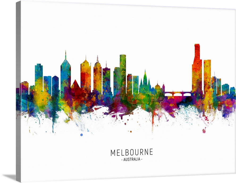 Watercolor art print of the skyline of Melbourne, Australia.
