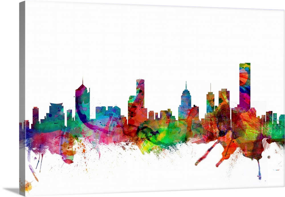 Watercolor artwork of the Melbourne skyline against a white background.