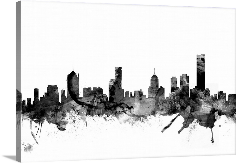 Contemporary artwork of the Melbourne city skyline in black watercolor paint splashes.
