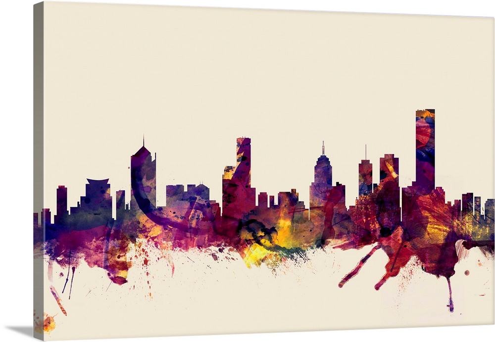 Contemporary artwork of the Melbourne city skyline in watercolor paint splashes.