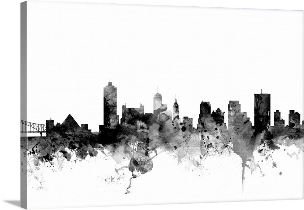 Smokey dark watercolor silhouette of the Memphis city skyline.
