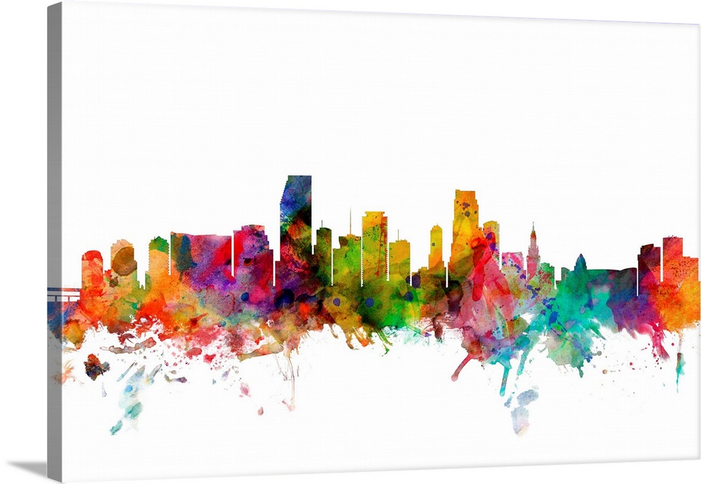 Watercolor artwork of the Miami skyline against a white background.