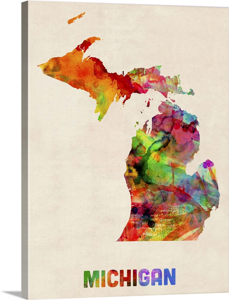 Contemporary piece of artwork of a map of Michigan made up of watercolor splashes.