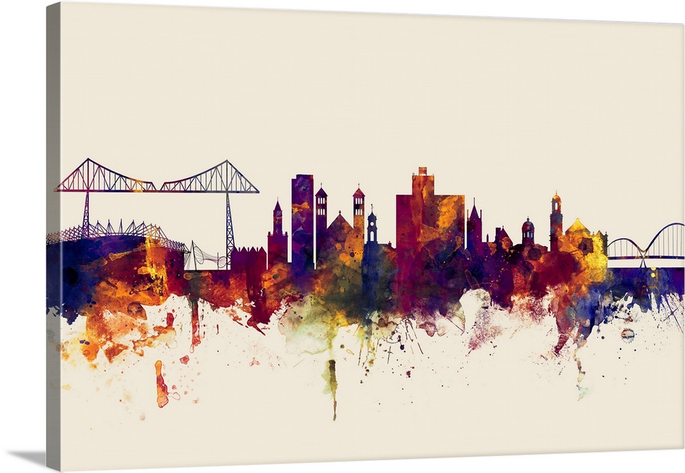 Watercolor art print of the skyline of Middlesbrough, England, United Kingdom