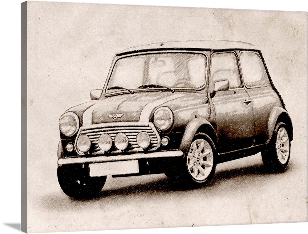 Large horizontal artwork of a classic Austin Mini Cooper on a paper background.
