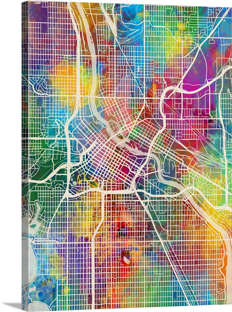 Watercolor street map of Minneapolis, Minnesota, United States.