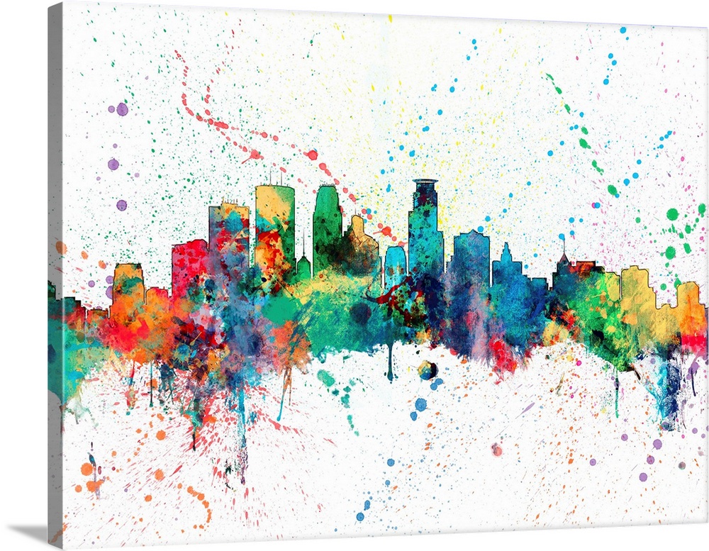 Wild and vibrant paint splatter silhouette of the Minneapolis skyline.