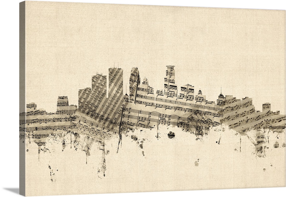 Sheet music art print of the skyline of Minneapolis, Minnesota, United States.