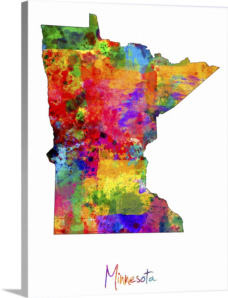 Contemporary artwork of a map of Minnesota made of colorful paint splashes.