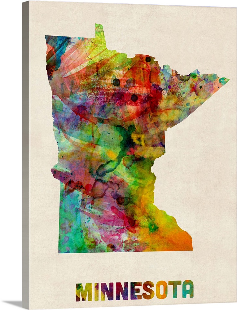 Contemporary piece of artwork of a map of Minnesota made up of watercolor splashes.