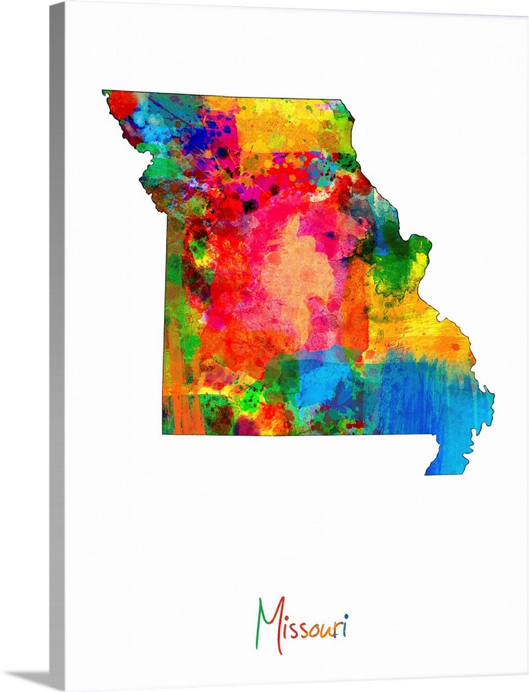 Contemporary artwork of a map of Missouri made of colorful paint splashes.