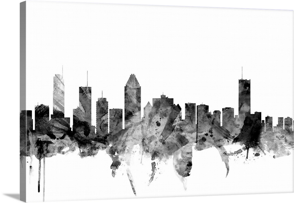 Contemporary artwork of the Montreal city skyline in black watercolor paint splashes.