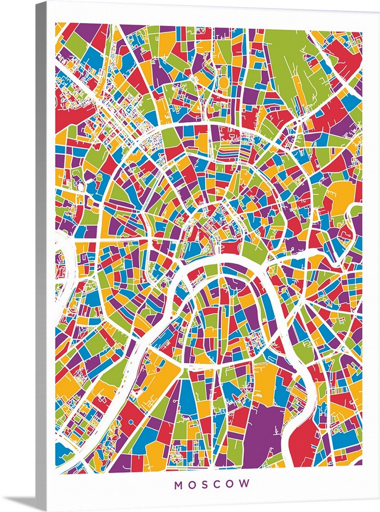 Contemporary artwork of a map of the city streets of Moscow in different colors.