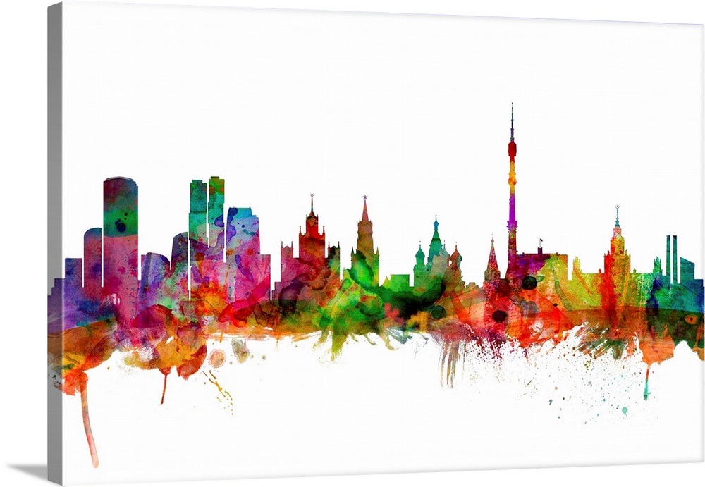Watercolor artwork of the Moscow skyline against a white background.