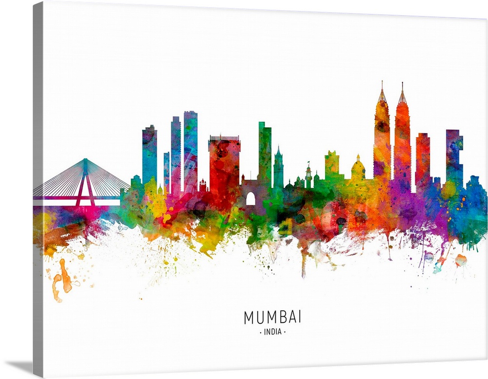 Watercolor art print of the skyline of Mumbai, India.