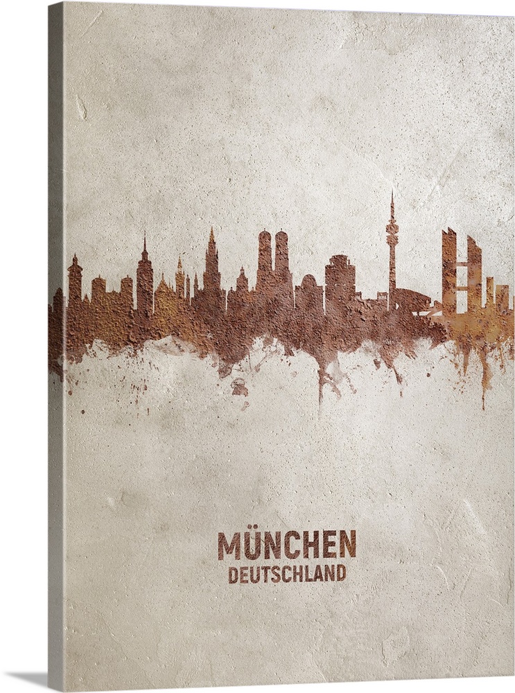Art print of the skyline of Munich, Germany (MAnchen). Rust on concrete.
