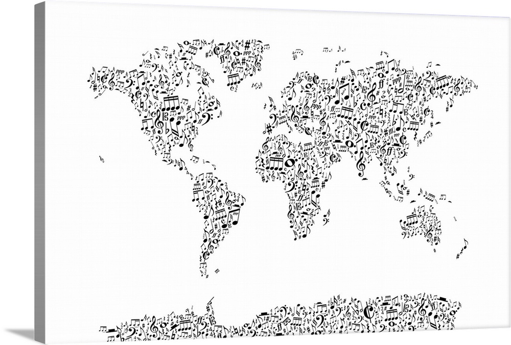 A map of the world made from a music notation - notes, crochets, clefs, time signatures and many more.