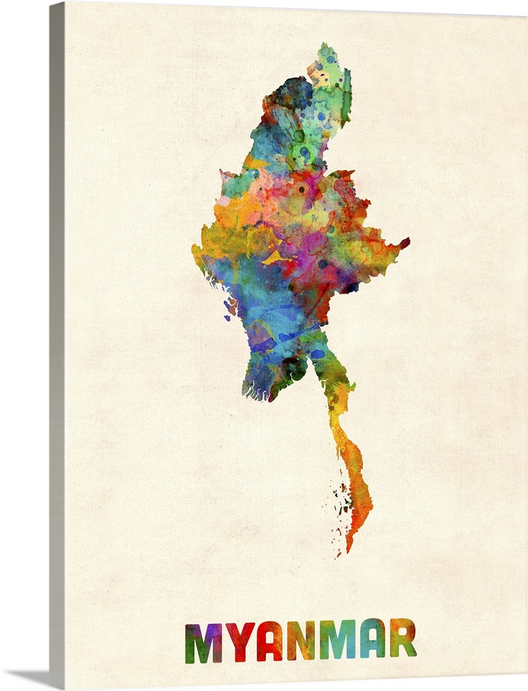 Colorful watercolor art map of Myanmar against a distressed background.