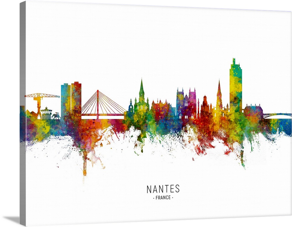 Watercolor art print of the skyline of Nantes, France