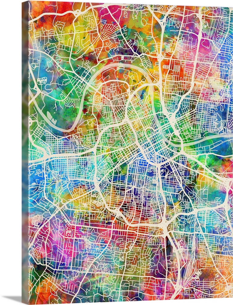 Watercolor street map of Nashville, Tennessee, United States