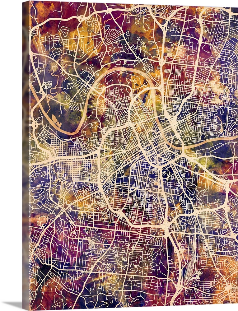 Watercolor street map of Nashville, Tennessee, United States