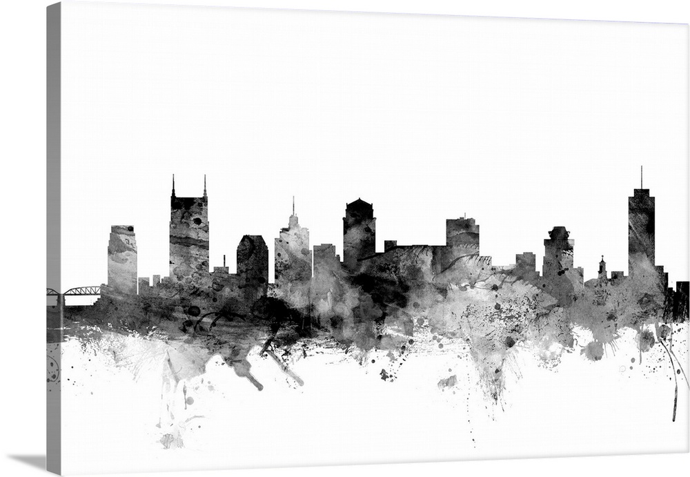 Contemporary artwork of the Nashville city skyline in black watercolor paint splashes.