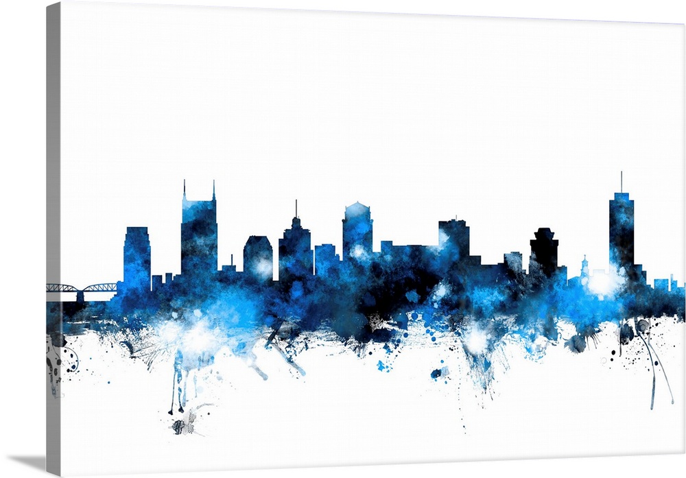 Blue watercolor silhouette of the Nashville city skyline.
