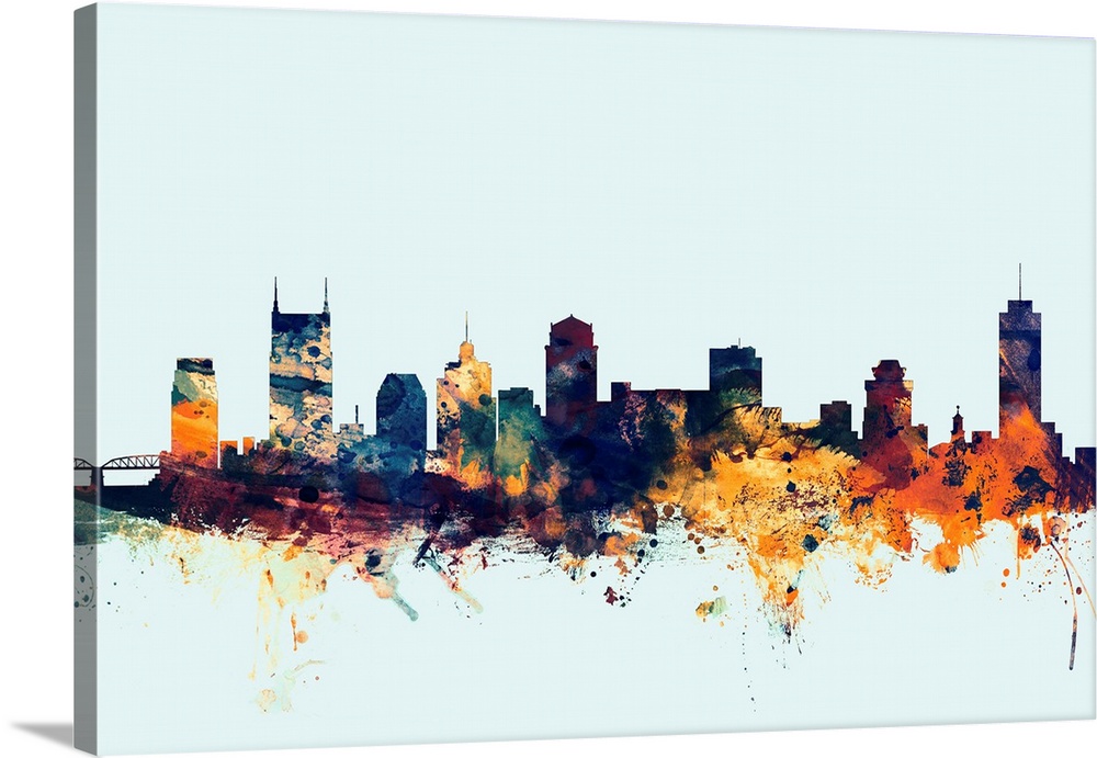 Dark watercolor silhouette of the Nashville city skyline against a light blue background.
