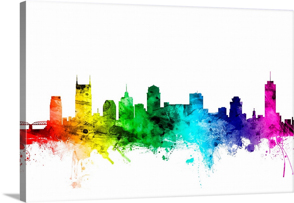 Watercolor art print of the skyline of Nashville, Tennessee, United States.