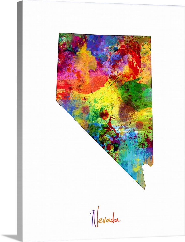Contemporary artwork of a map of Nevada made of colorful paint splashes.
