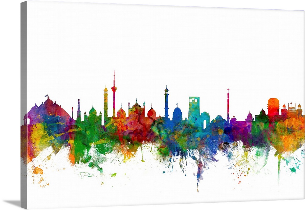 Colorful watercolor splattered silhouetted of the New Delhi city skyline.