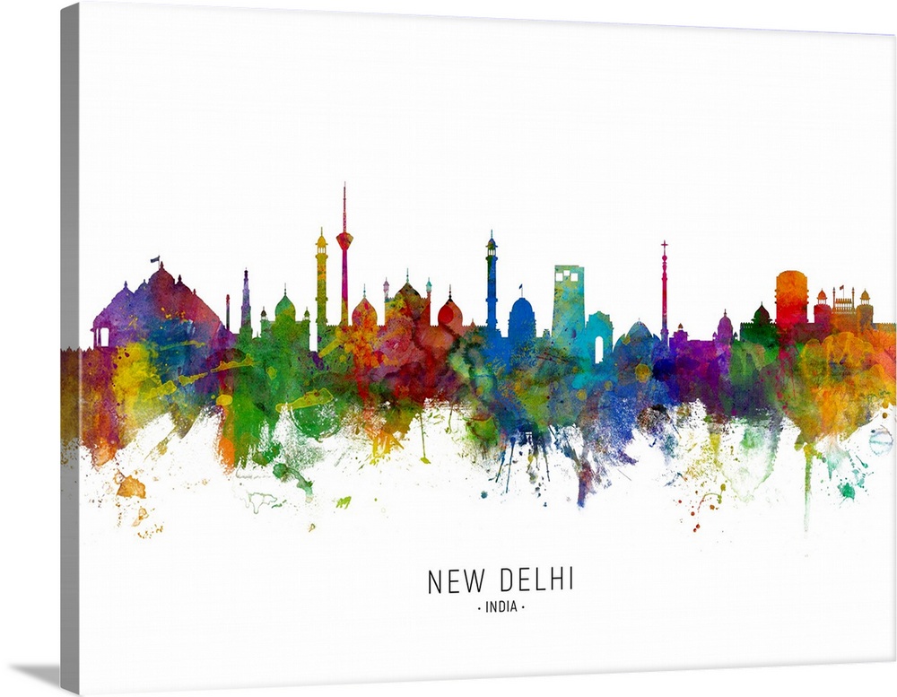 Watercolor art print of the skyline of New Delhi, India.