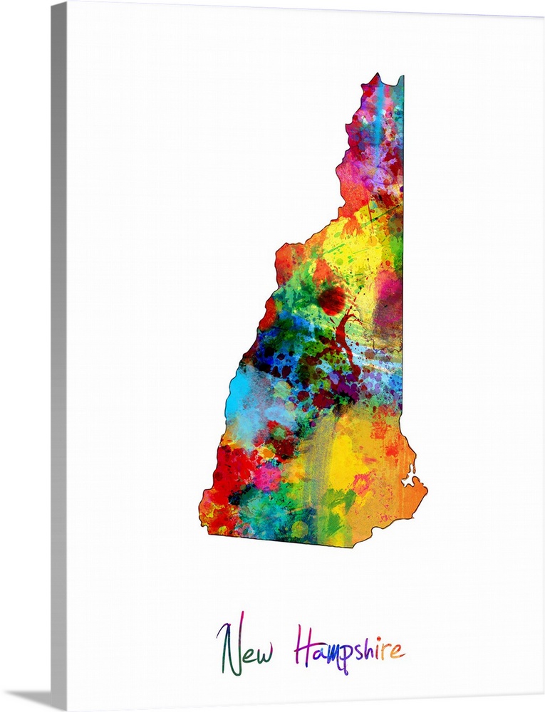 Contemporary artwork of a map of New Hampshire made of colorful paint splashes.