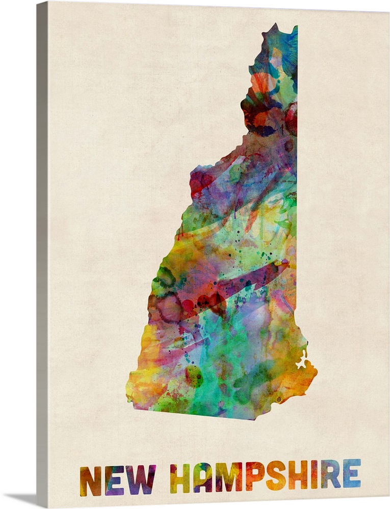 Contemporary piece of artwork of a map of New Hampshire made up of watercolor splashes.