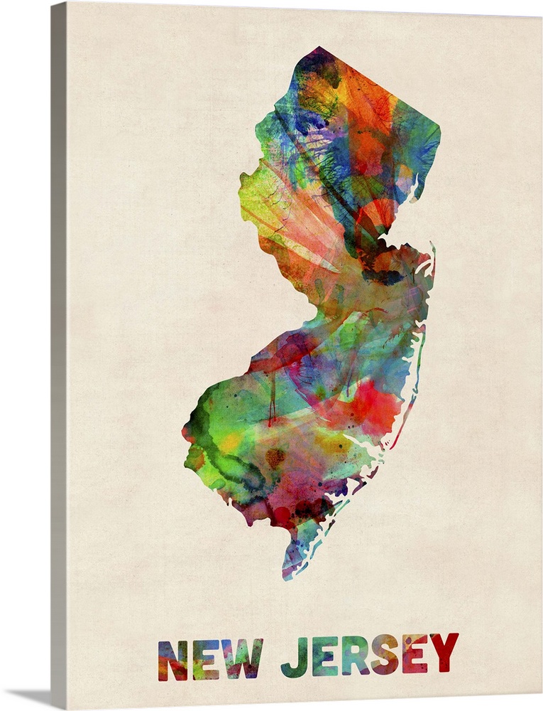 Contemporary piece of artwork of a map of New Jersey made up of watercolor splashes.