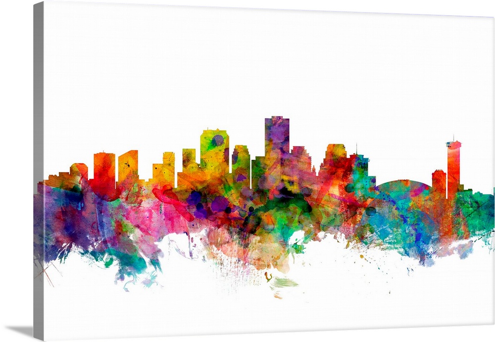 Watercolor artwork of the New Orleans skyline against a white background.