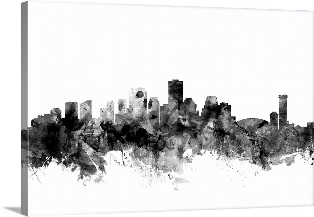 Smokey dark watercolor silhouette of the New Orleans city skyline.
