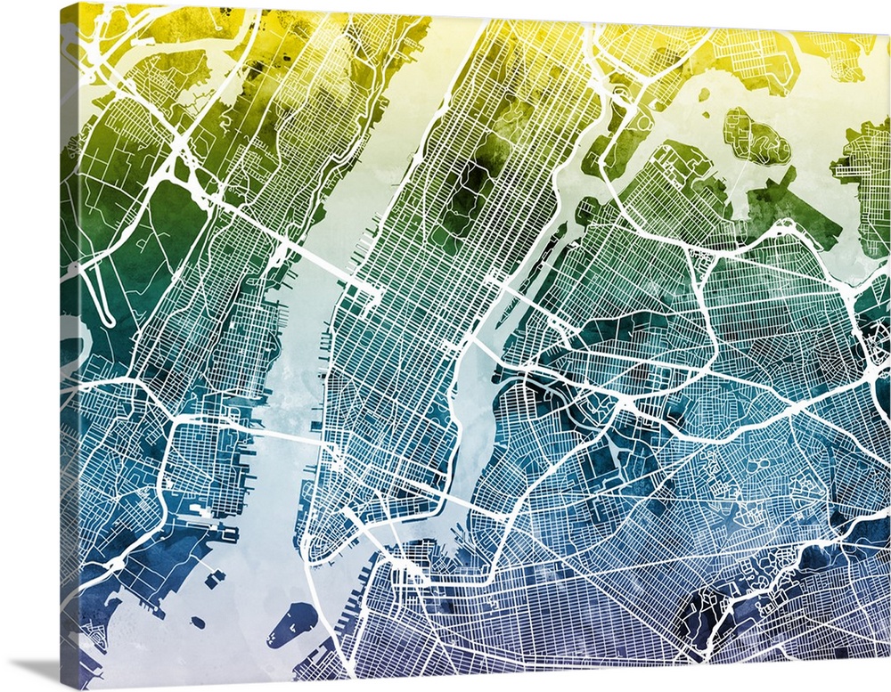 Contemporary watercolor city street map of New York City.