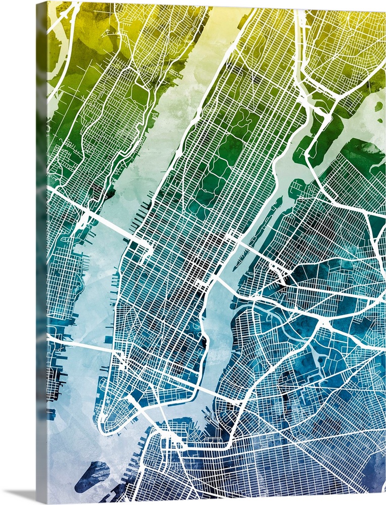 A watercolor street map of Manhattan, New York City.