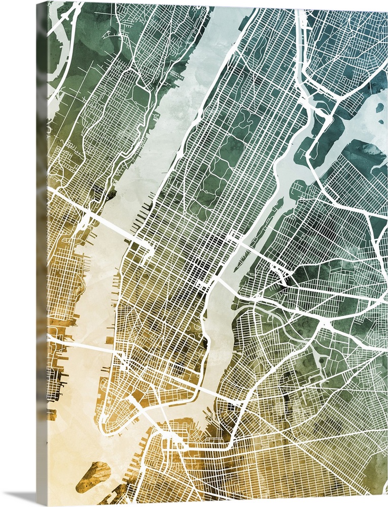 A watercolour street map of Manhattan, New York City