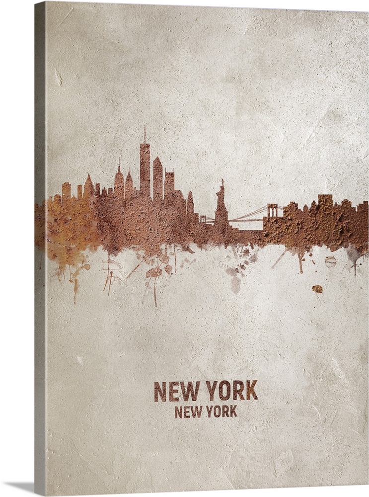 Art print of the skyline of the City of New York, New York, United States. Rust on concrete.
