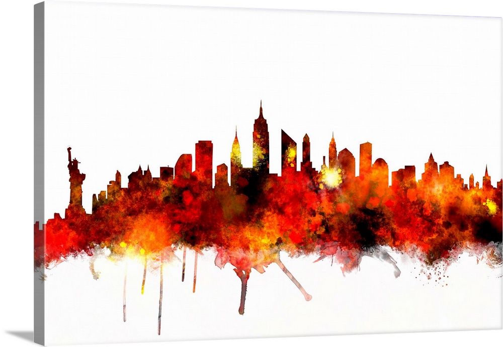 Contemporary piece of artwork of the New York City skyline made of colorful paint splashes.
