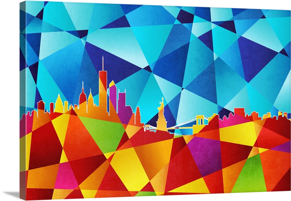 Contemporary artwork of a geometric and prismatic skyline of New York City.