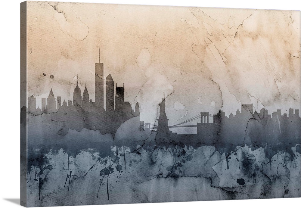 Watercolor art map of the New York City skyline.