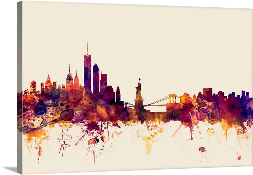 Watercolor artwork of the New York City skyline against a beige background.