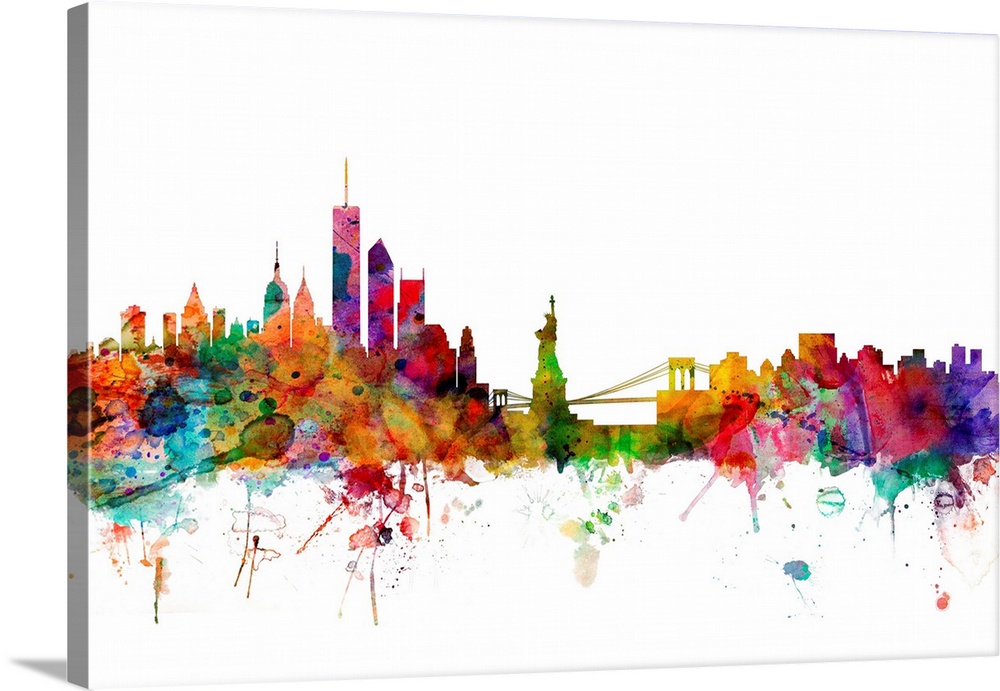 Watercolor artwork of the New York City skyline against a white background.
