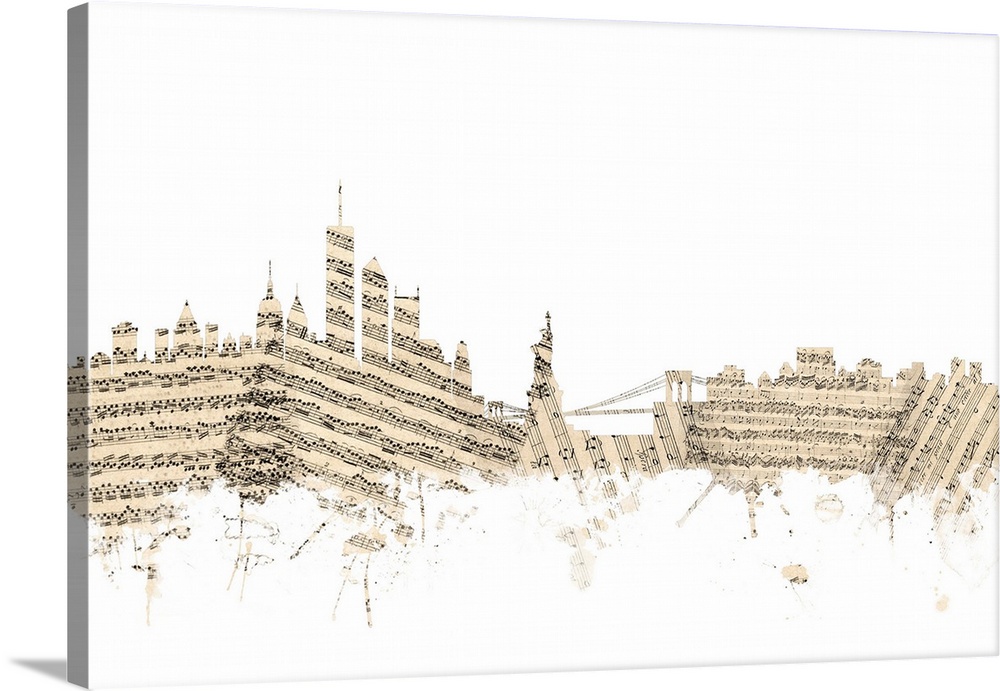 New York skyline made of sheet music against a white background.