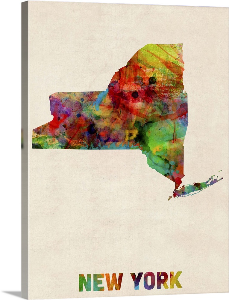 Contemporary piece of artwork of a map of New York made up of watercolor splashes.